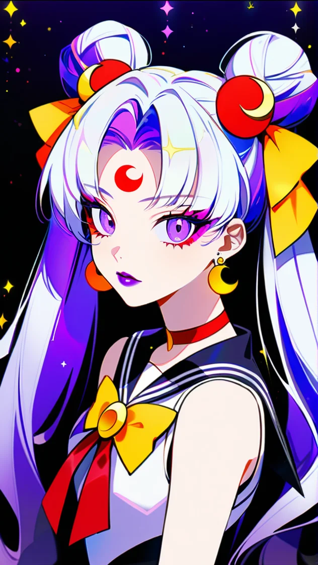 Alternative Sailor Moon, 1girl, solo, long hair, looking at viewer, bangs, shirt, hair ornament, bow, twintails, jewelry, purple eyes, upper body, white hair, earrings, parted lips, sleeveless, choker, bowtie, sailor collar, hair bun, from side, parted bangs, black shirt, eyelashes, sleeveless shirt, double bun, makeup, facial mark, lipstick, crescent, black background, tassel, yellow bow, eyeshadow, circlet, forehead mark, alternate eye color, alternate hair color, star earrings, dark persona, sailor senshi uniform, purple lips, crescent earrings, crescent facial mark, PonyXLV6_Scores, <lora:AltMoonPonyXL:1>