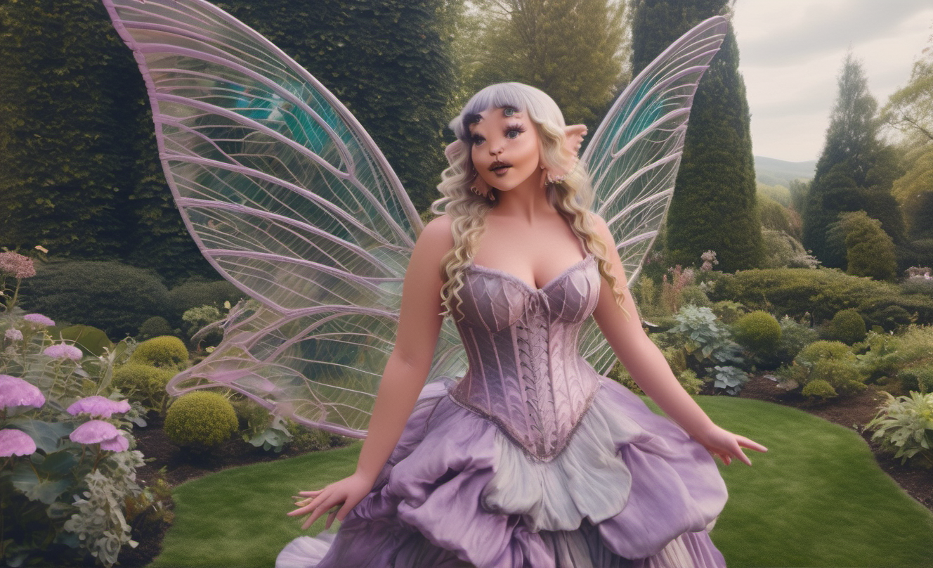 fantasy photographic. solo, detailed wide shot portrait of a beautiful young short person posing, wearing a dramatic abstract dress corset with long sleeves, (super very amazing long hair) with wispy bangs, looking at viewer, gorgeous fairy garden, fairy world, alternate dimension, nymph mythology, aesthetic cottage core. marvel studios, bright lighting, cgi movie scene, music video, professional composition photography, depth of field,  <lora:archive:1>