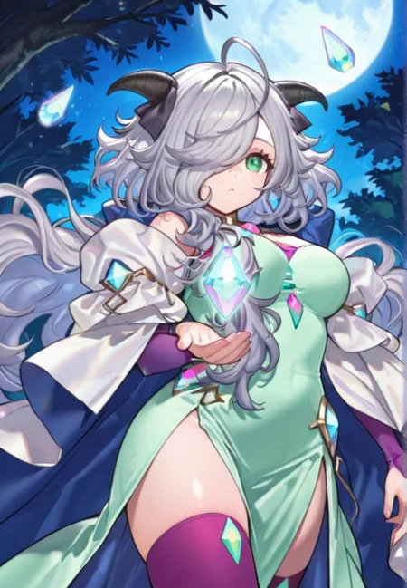 masterpiece, best quality, amazing quality, very aesthetic, absurdres,  newest, detailed background, cowboy shot,  outdoors, dynamic angle,
eitr, 1girl, solo, thighhighs, hair over one eye, horns, green eyes, long hair, dress, breasts, grey hair, looking at viewer, crystal, ahoge, green dress, purple thighhighs, side slit
 <lora:Eitr_-_Fire_Emblem_Heroes_Illustrious:1>