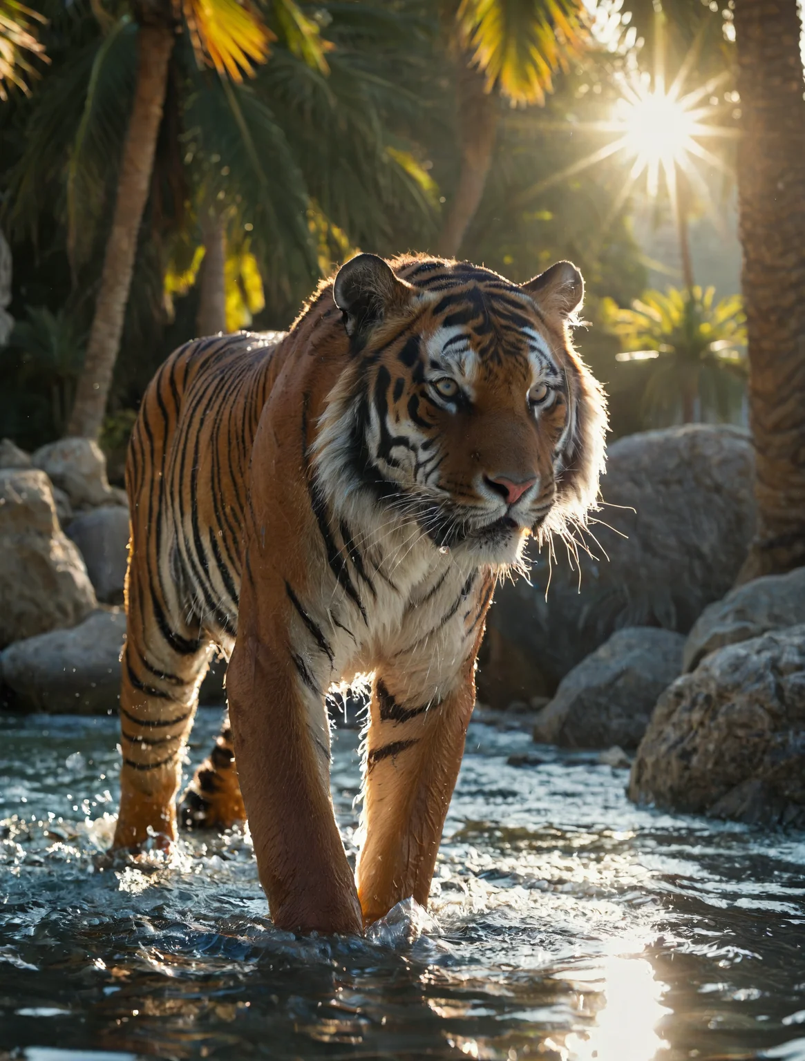 majestic tiger in water, palm trees, rocky shore, shot on canon eos 5d, wet fur, color grading, sunshafts, lens flare, dynamic composition, documentary photography