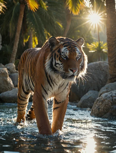 majestic tiger in water, palm trees, rocky shore, shot on canon eos 5d, wet fur, color grading, sunshafts, lens flare, dynamic composition, documentary photography