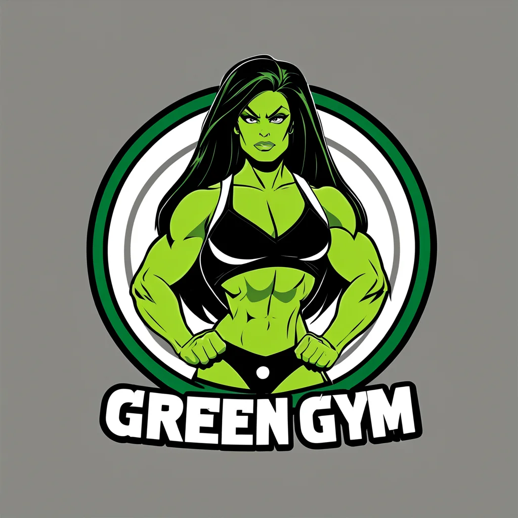 logomkrdsxl, logo for a gym featuring she-hulk, vector, text "Green Gym", <lora:logomkrdsxl:1>, best quality, masterpiece, muscles, cartoon
