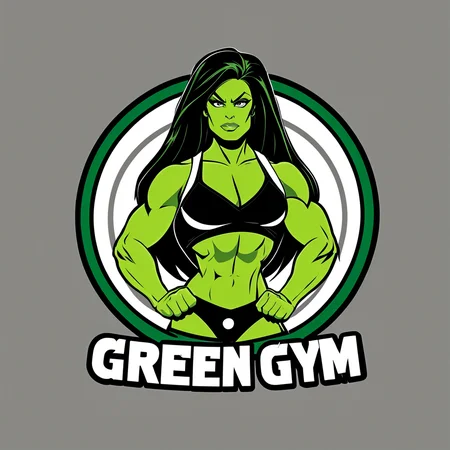 logomkrdsxl, logo for a gym featuring she-hulk, vector, text "Green Gym", <lora:logomkrdsxl:1>, best quality, masterpiece, muscles, cartoon