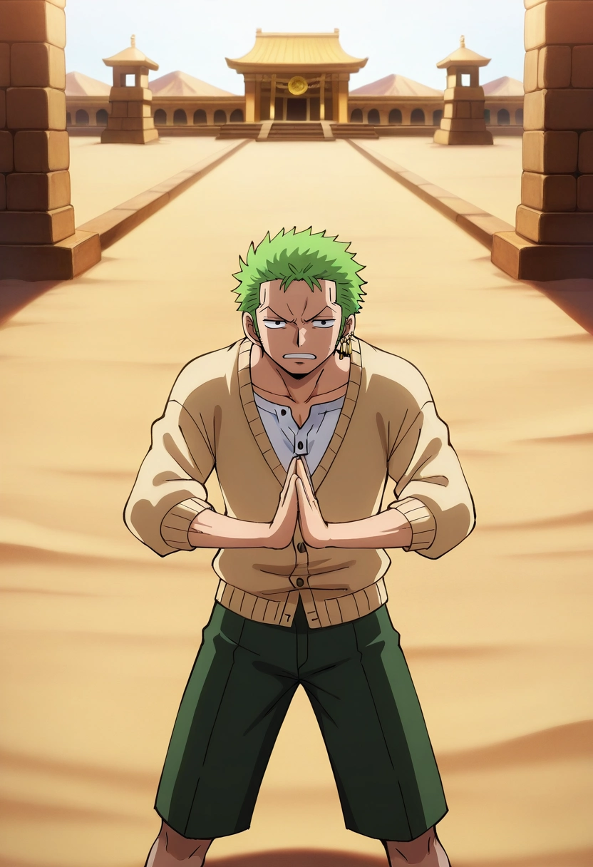 masterpiece, best quality, , anime screencap, anime coloring, official style, , 1boy, solo, male focus, <lora:zoro_roronoa_ilxl:0.9>, zoro_roronoa, green hair, black eyes, short hair, wano country arc, chonmage, japanese clothes, kimono, sideburns, earrings, , desert temple, sand columns, sun dials, ritual spaces, worship pose, solemn expression, noon, Shorts, Henley cardigan, , , and andRucksack