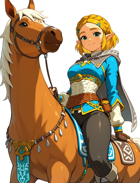 masterpiece, best quality, amazing quality BREAK zelda1x, tunicleggings, smile, riding epona, white background <lora:Zelda:1>