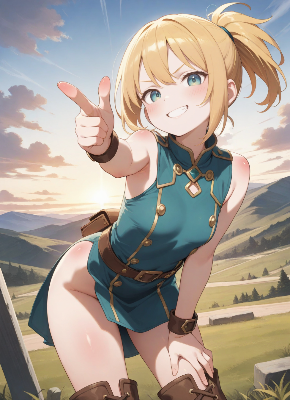 1girl,  cowboy shot,  green eyes, blonde hair, ponytail,  sleeveless dress with side open, boots, pointing at viewer, finger gun, smug, upper body, outdoors, standing, upper body, no panties, leaning forward,, , (body blush:1.2),, , (5 finger:0.8),, BREAK , masterpiece, amazing quality, best quality, ultra-detailed, 8K, illustration, CG, clear skin, ultra-detailed-eyes, soft skin,