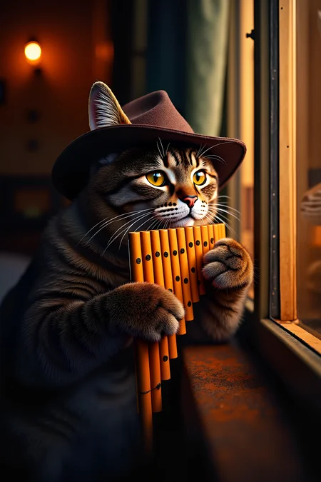 a cat, looking out of a window, playing panflute, in a kitchen, in a hat , detailed background Fantastic lighting. Detailed shadows.intricate details, vivid colors, hyper-detailed, ultra-sharp, <lora:PANFLUTE_FLUX>