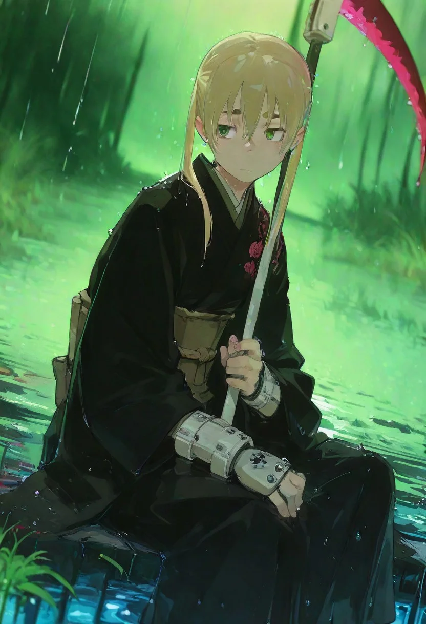 masterpiece,best quality,amazing quality, 1girl,maka albarn, green eyes, blonde hair, twintails, \(soul eater\), upturned eyes, 18 year old, silk blonde hair, stunning female sci-fi female angel, , long hair,blonde hair, front braids, hair behind ear, loose hair strands, thick eyebrows,, detailed eyes, traditional maroon outfit, black kimono, intricate colorful embroidery, blood lining, traditional straw hat adorned with red flowers, greaves, vambraces, battle-ready stance,(( holding a blood scythe)) , dynamic pose,
dynamic angle, dutch angle,sitting in the rain, melancholic, thoughtful expression, raindrops falling gently, wet grass, wet leaves, soft lighting. water drops, reflective water drops, green nature background, depth of field, serene, introspective atmosphere, cinematic composition, highly detailed, rich color palette, vibrant tones, earthy tones, view from the side, looking away, h4ra_illu, <lora:ponyv6_noobE11_2_adamW-000017:0.3> <lora:XXX667:0.5> <lora:96YOTTEA-WAI:0.5> <lora:hara_id_21:0.8>