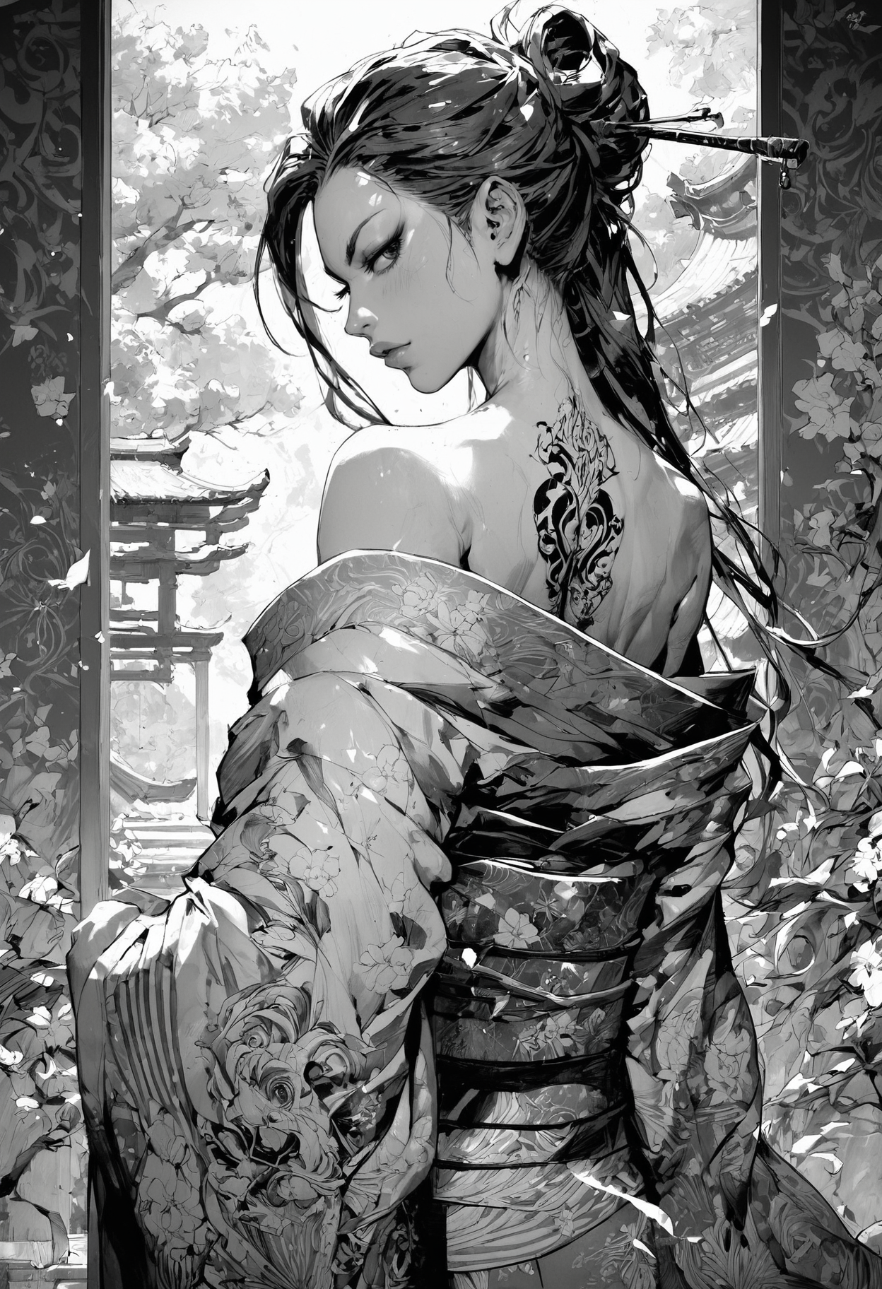 (score_9, score_8_up), score_7_up, zPDXL, solo,  <lora:MythM4ngaStyle:0.8>, 1girl, girl, looking back, black long hair, kimono, back exposed. small chest, detailed yakuza tattoo on back, in a japanese garden, black and red theme, monochrome, greyscale