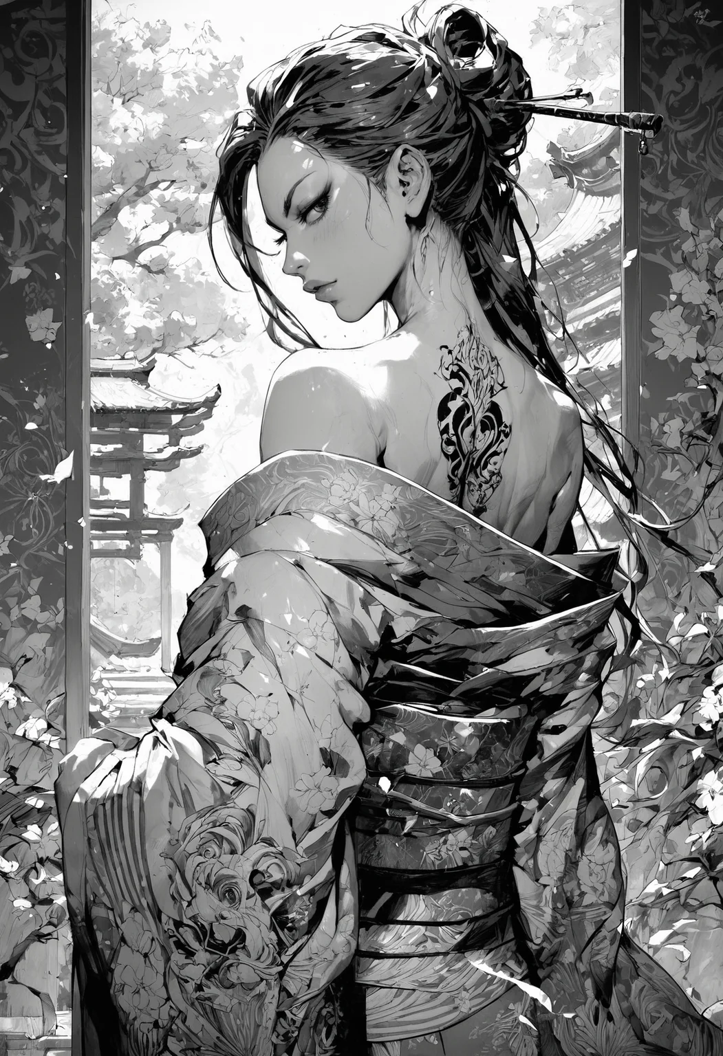 (score_9, score_8_up), score_7_up, zPDXL, solo, <lora:MythM4ngaStyle:0.8>, 1girl, girl, looking back, black long hair, kimono, back exposed. small chest, detailed yakuza tattoo on back, in a japanese garden, black and red theme, monochrome, greyscale