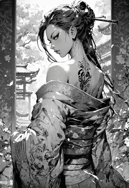 (score_9, score_8_up), score_7_up, zPDXL, solo, <lora:MythM4ngaStyle:0.8>, 1girl, girl, looking back, black long hair, kimono, back exposed. small chest, detailed yakuza tattoo on back, in a japanese garden, black and red theme, monochrome, greyscale
