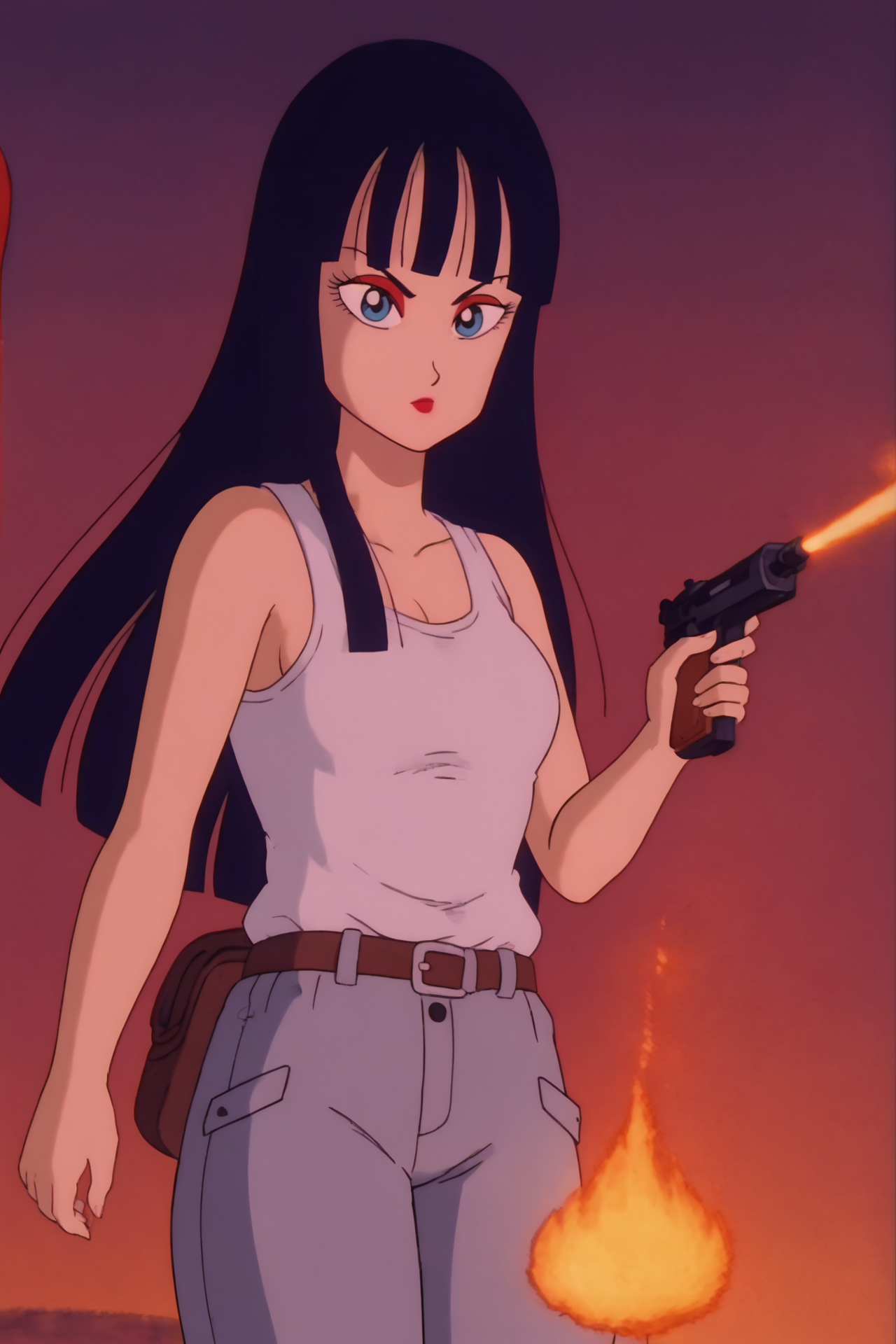 source_anime, score_9, score_8_up, score_7_up, anime screencap,8k, absurd res,
mai \(dragon ball\), long hair, bangs, blue eyes, black hair,
white vest, tank top, tan pants, dutch angle, smoke, fire, city in ruins, destruction, wind lift, star \(sky\), holding gun, red theme, aiming at viewer, 
 <lora:maiDB_pony_v1:0.8>