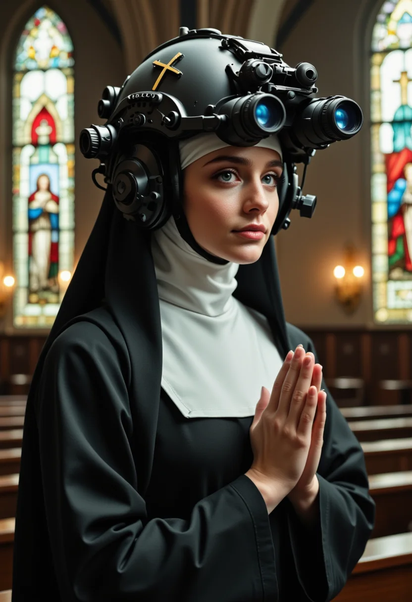 cinematic still a beautiful nun wearing a modern military helmet equipped with night vision goggles. The helmet appears to be matte black with golden crosses with various attachments and devices, including what seems to be communication equipment. wearing a nun's habit, hands clasped in prayer, in a dark chapel with stained glass windows and candles