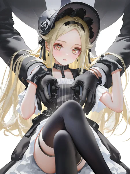 1girl,flower,solo,yinggelite,simple background,white background,looking at viewer,,yellow eyes,crossed_legs,sitting,gothic_lolita,short sleeves,black gloves,blonde hair,<lora:yinggelite-000006:0.6>, masterpiece, best quality, very aesthetic, absurdres, (artist:reoen:0.826446),(artist:machi:0.9),(artist:ningen_mame:0.9),(artist:sho_(sho_lwlw):0.9),(artist:rhasta:0.9),(artist:wlop:0.7),(artist:ke-ta:0.6),(fkey:0.5),(tianliang duohe fangdongye:0.5),(hiten \(hitenkei\):0.6),best quality,amazing quality,(artist:onineko:0.826446),very aesthetic,bokeh, Wisadel,