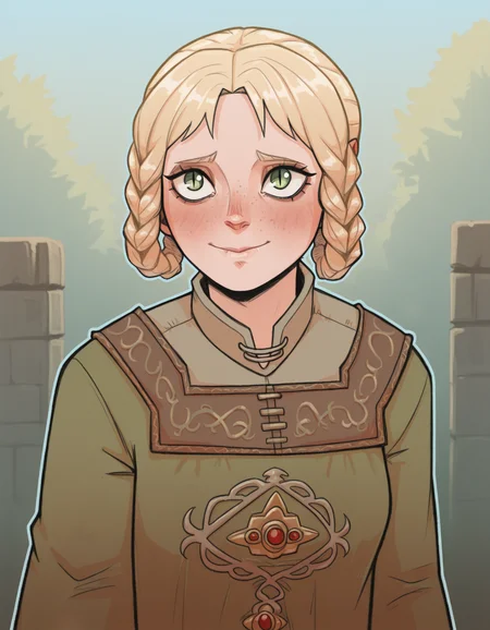 1girl, portrait, <lora:britodraws:1> br1t0dr4ws,
BREAK
1girl, <lora:Ryapred:1> zorayas, rya dress
hair rings, braid loops, twin braids,
long sleeves, , slit pupils
green dress, blonde hair, green eyes
BREAK
outdoors, bad posture light smile,
BREAK
(masterpiece, best quality:1.2), absurdres, highres,
