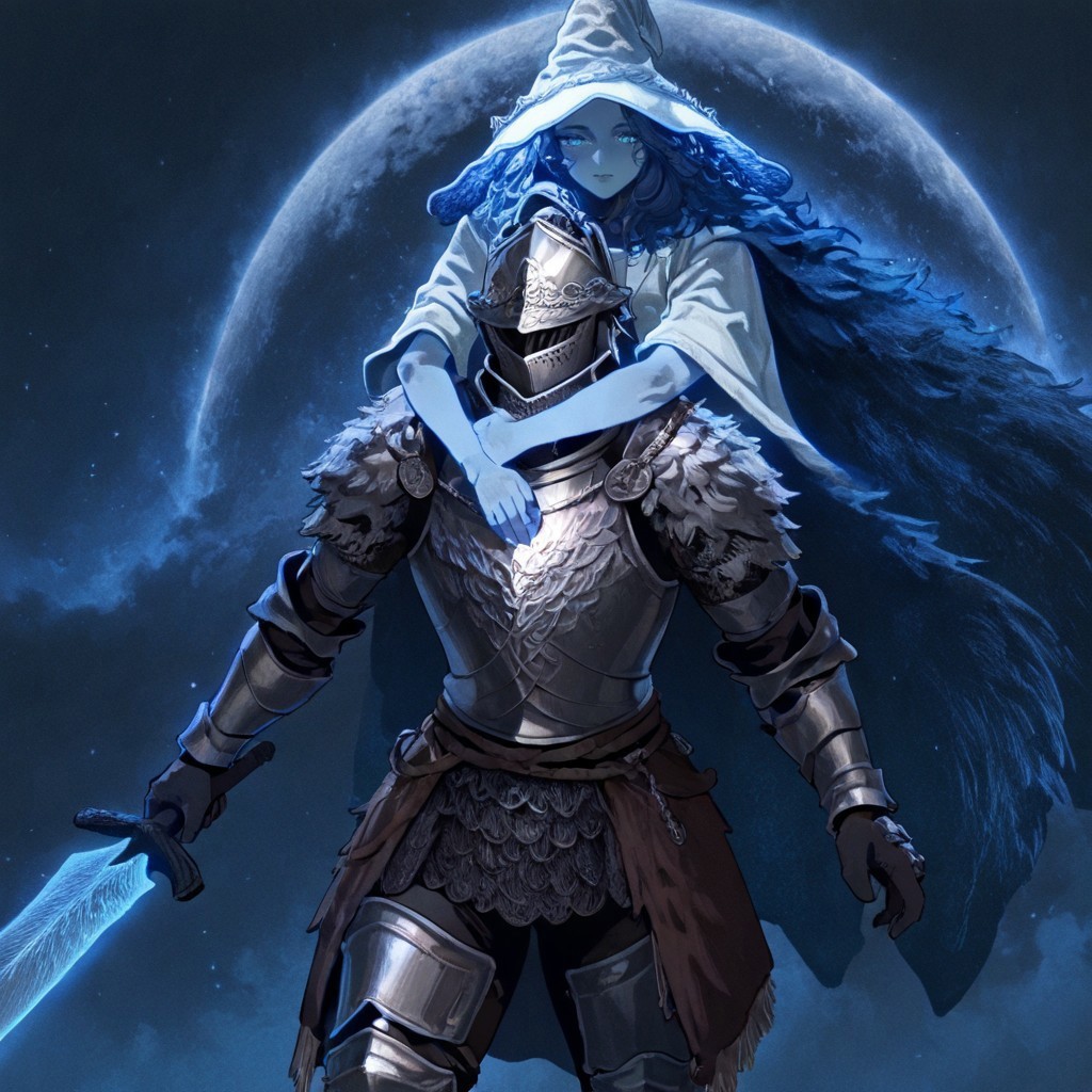 masterpiece, best quality, newest, absurdres, highres, anime, anime style, 1boy, armor, knight, holding, holding sword, helmet, PRC-V1.0-RanniBP, ranni the witch, piggyback, carrying, 1girl, ranni the witch (elden_ring), 