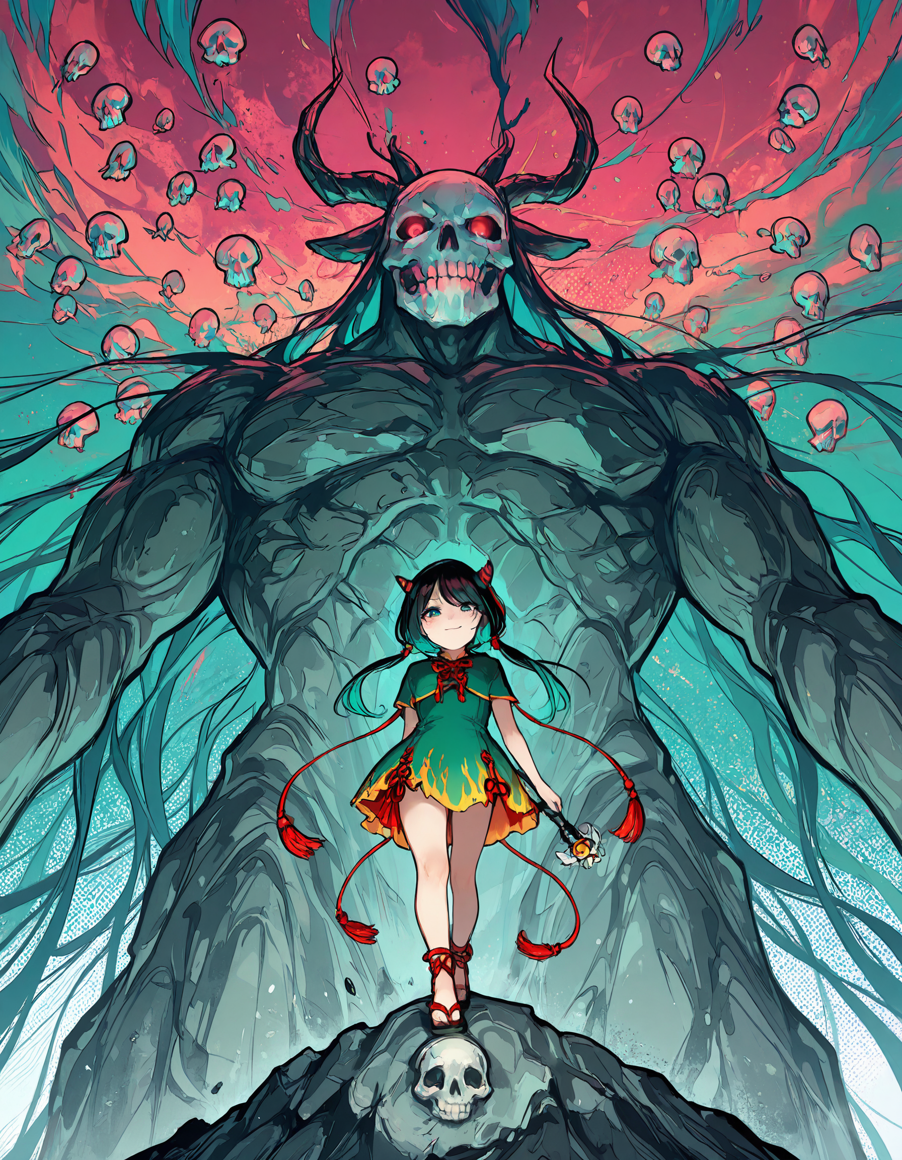 masterpiece, best quality, amazing quality, very aesthetic, absurdres, newest, highres, 4k,8k,Ultra HD, extremely detailed, ultra detailed face, detailed eyes, 1girl, nippaku zanmu, solo focus, sandals, horns, alternate costume, (pink and green:1.1) magical girl outfit, cute, smile, looking down, looking at viewer, cool, leaning on a (giant huge rock:1.2), (skull wand:1.2), towards viewer, many red skulls in background, many floating skulls in background, gradient color, high contrast, (close up:1.4), extremely close-up shot, low angle shot, Sinozick_illu,gradient, s0wasow4rt_illu, halftone, abstract  <lora:UmeSky_Illustrious:0.8>