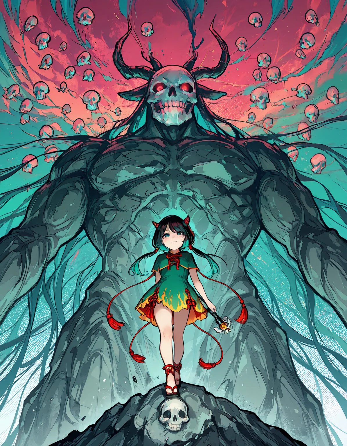 masterpiece, best quality, amazing quality, very aesthetic, absurdres, newest, highres, 4k,8k,Ultra HD, extremely detailed, ultra detailed face, detailed eyes, 1girl, nippaku zanmu, solo focus, sandals, horns, alternate costume, (pink and green:1.1) magical girl outfit, cute, smile, looking down, looking at viewer, cool, leaning on a (giant huge rock:1.2), (skull wand:1.2), towards viewer, many red skulls in background, many floating skulls in background, gradient color, high contrast, (close up:1.4), extremely close-up shot, low angle shot, Sinozick_illu,gradient, s0wasow4rt_illu, halftone, abstract <lora:UmeSky_Illustrious:0.8>