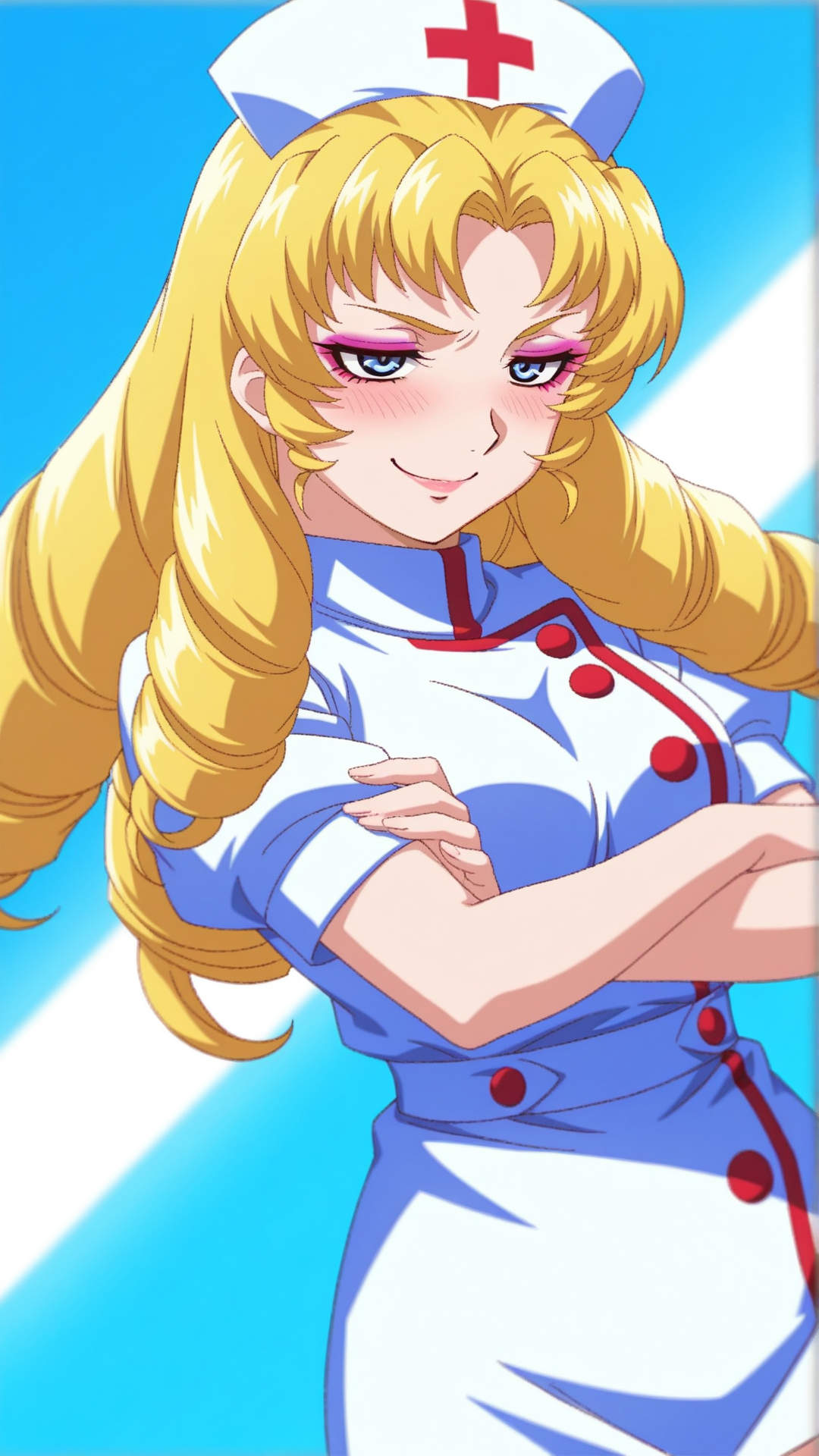 source_anime, general, best quality, masterpiece, 1girl,  <lora:Nellie_Oleson_ill:1> nellie oleson\(ggen\),blonde hair,drill hair, long hair, blue eyes,ringlets, makeup, cowboy shot, dynamic pose, dutch angle, nurse, smug, embarrassed,