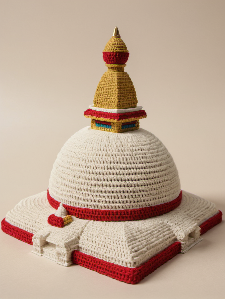 <lora:Boudhanath_Stupa:0.6> a 3d crochet shape of boudhanathstupa, neutral background