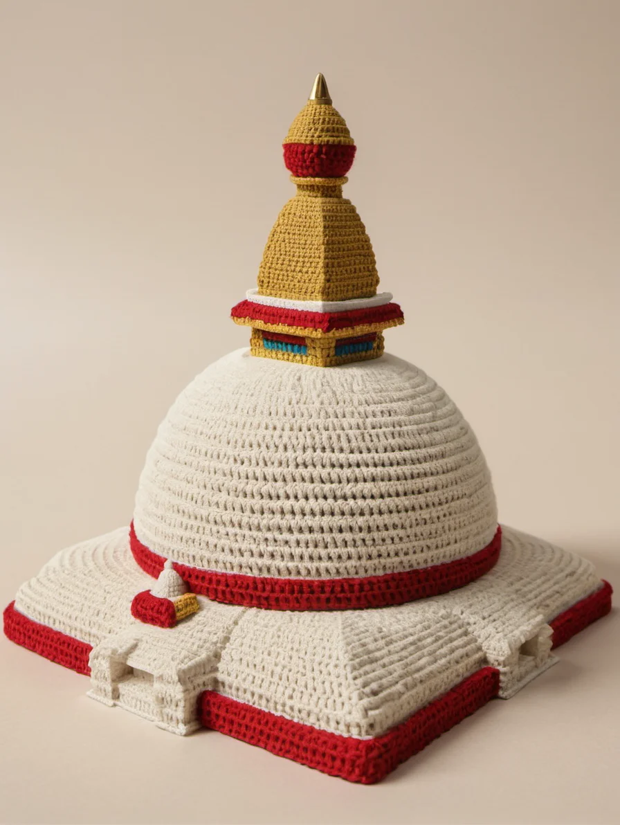 <lora:Boudhanath_Stupa:0.6> a 3d crochet shape of boudhanathstupa, neutral background