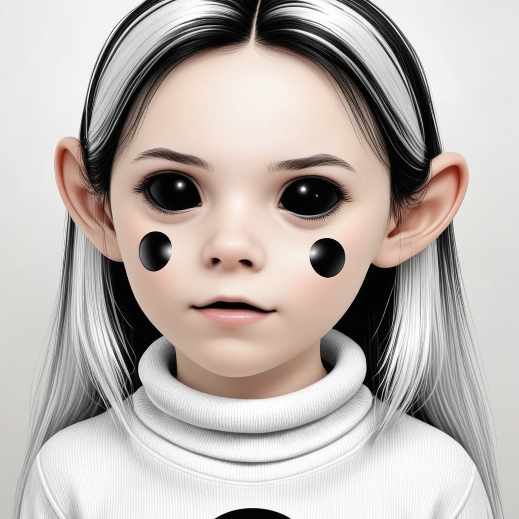 voo is an (adult female and looks about 30 years old) with a (black circle on each cheek) and (black marbles for eyes).She has large and tall. 
voo has (Long white_hair) with a metallic shine.
Voo has a (white_roll_neck_sweater)