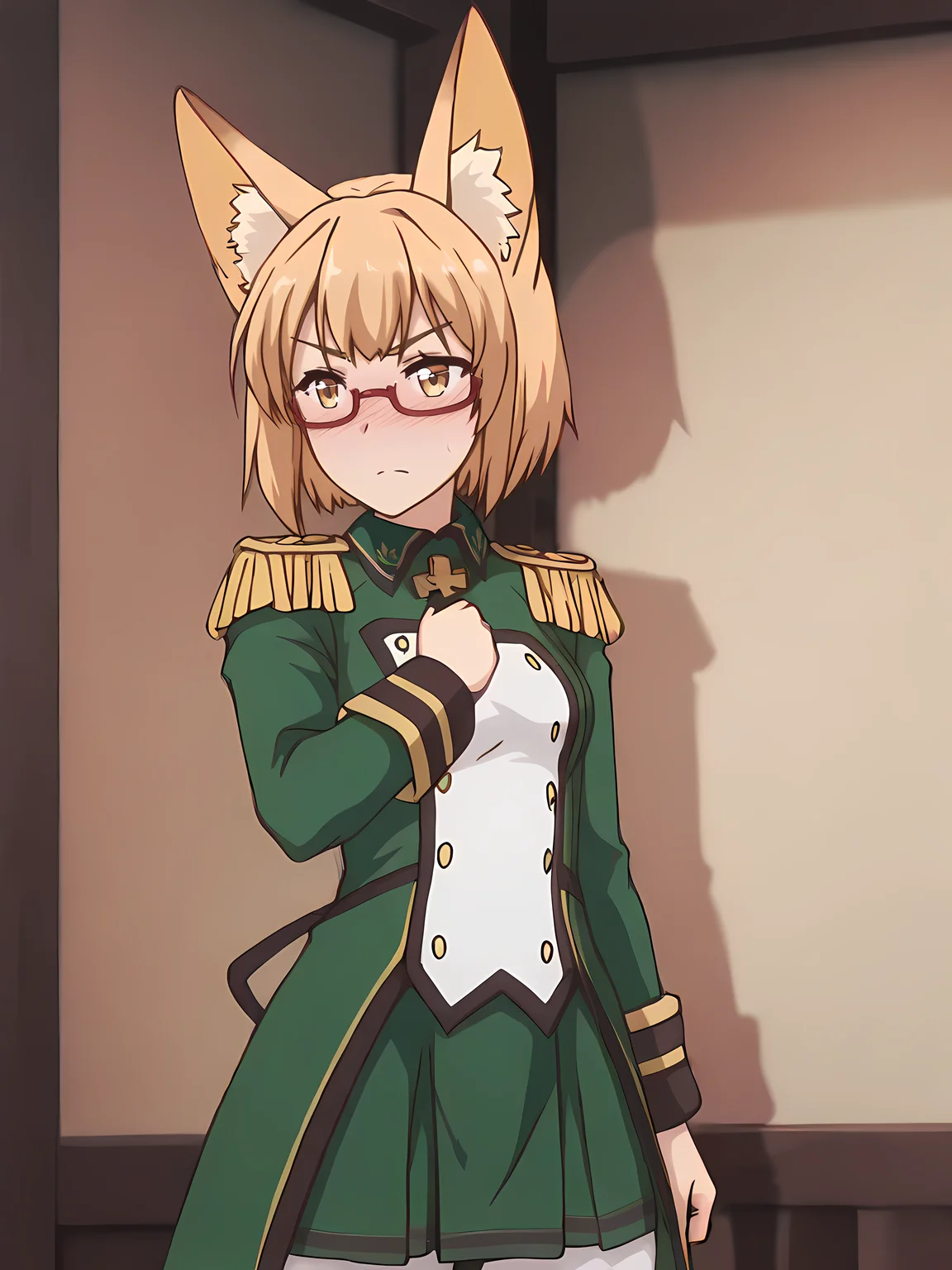 masterpiece, very aesthetic, absurdres, best quality, high quality, cinematic shadow, body blush, <lora:personalami_style_illustrious_v1:0.5> pamistyle,character focus,perfect hands,small breasts, cowboy shot, <lora:HandFixer_pdxl_Incrs_v1:1> handfixer, <lora:Kaede:1>,kaedeFo,blonde hair, short hair, bangs, fox girl, fox ears,yellow eyes, v-shaped eyebrows,kaededress,military uniform, epaulettes,cross brosch,red glasses, buttons, long sleeves, green pleated skirt, black ribbon,back ribbon,white pants, looking at viewer, horny