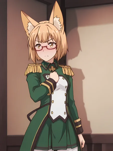 masterpiece, very aesthetic, absurdres, best quality, high quality, cinematic shadow, body blush, <lora:personalami_style_illustrious_v1:0.5> pamistyle,character focus,perfect hands,small breasts, cowboy shot, <lora:HandFixer_pdxl_Incrs_v1:1> handfixer, <lora:Kaede:1>,kaedeFo,blonde hair, short hair, bangs, fox girl, fox ears,yellow eyes, v-shaped eyebrows,kaededress,military uniform, epaulettes,cross brosch,red glasses, buttons, long sleeves, green pleated skirt, black ribbon,back ribbon,white pants, looking at viewer, horny
