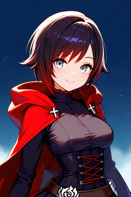 masterpiece, High quality, Ultra detailed, 2d, newest, absurdres, highres, BREAK
1girl, solo, <lora:ruby_rose:0.8>, ruby_rose_(ruby), short hair, black hair, multicolored hair, grey eyes, 
medium breasts, rosedef, long sleeves, black dress, corset, belt, rose, skirt, frilled dress, hooded cloak, red cape, 
smile, looking at viewer, upper body,