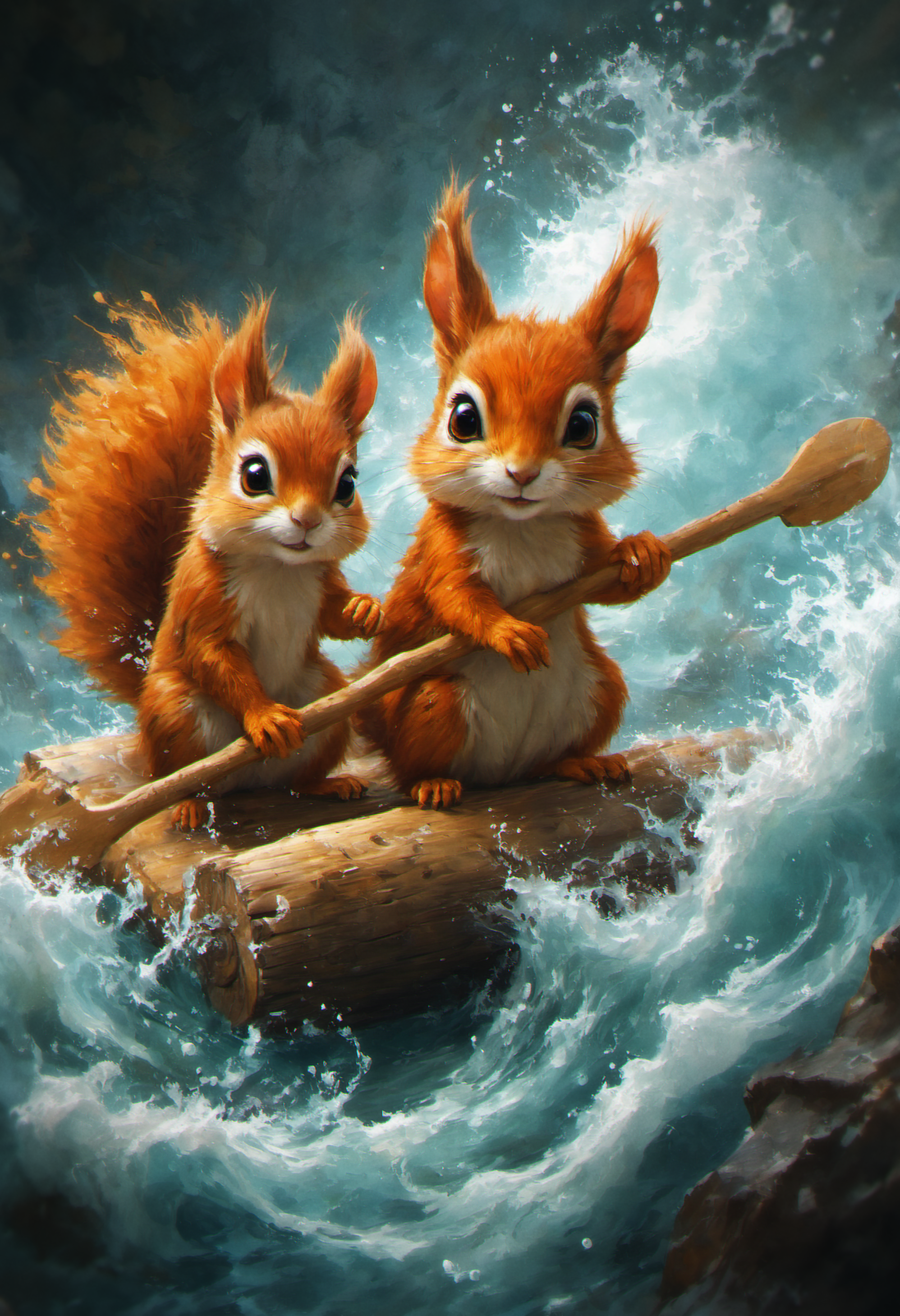 hyper detailed, 4k, masterpiece,  oil painting, two charming squirrels paddling a wooden raft through turbulent waters. The squirrels have bright, expressive eyes and detailed, bushy tails, their fur rendered in warm hues of orange and white. The raft, made of polished logs, bobs and weaves through the frothy, crashing waves, creating a sense of motion and excitement. The background captures the swirling, aqua-blue waters in vivid detail, with splashes and whitecaps adding to the realism. The overall scene exudes a playful, energetic spirit, highlighting the squirrels' determination and teamwork as they navigate the wild river.