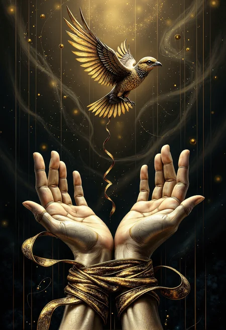 A surreal composition featuring two human arms bound tight together at the wrists with a shimmering golden ribbon, the fabric intricately wrapped in delicate folds, gleaming softly under subtle light. The hands are open and outstretched, palms facing upward in a gesture of release, their skin detailed with natural textures and veins visible under the faint shadowing. Above the hands, a bird has just taken flight, its wings mid-flap, radiating an energy of freedom and motion. The bird's feathers are intricately rendered, a mix of earthy browns and golden yellows that catch the light as it ascends. The background is dark and ethereal, with faint abstract patterns and subtle glowing lines that evoke a sense of mystery and wonder, drawing the focus to the poignant moment of liberation. <lora:Warhammer_Rogue_Trader_Style_flux-000021.safetensors:0.5>, <lora:aiai-Glimra-Flux-Dev-v2.safetensors:0.5>, <lora:paintart-style-006-v1-0-flux.safetensors:0.5>,
