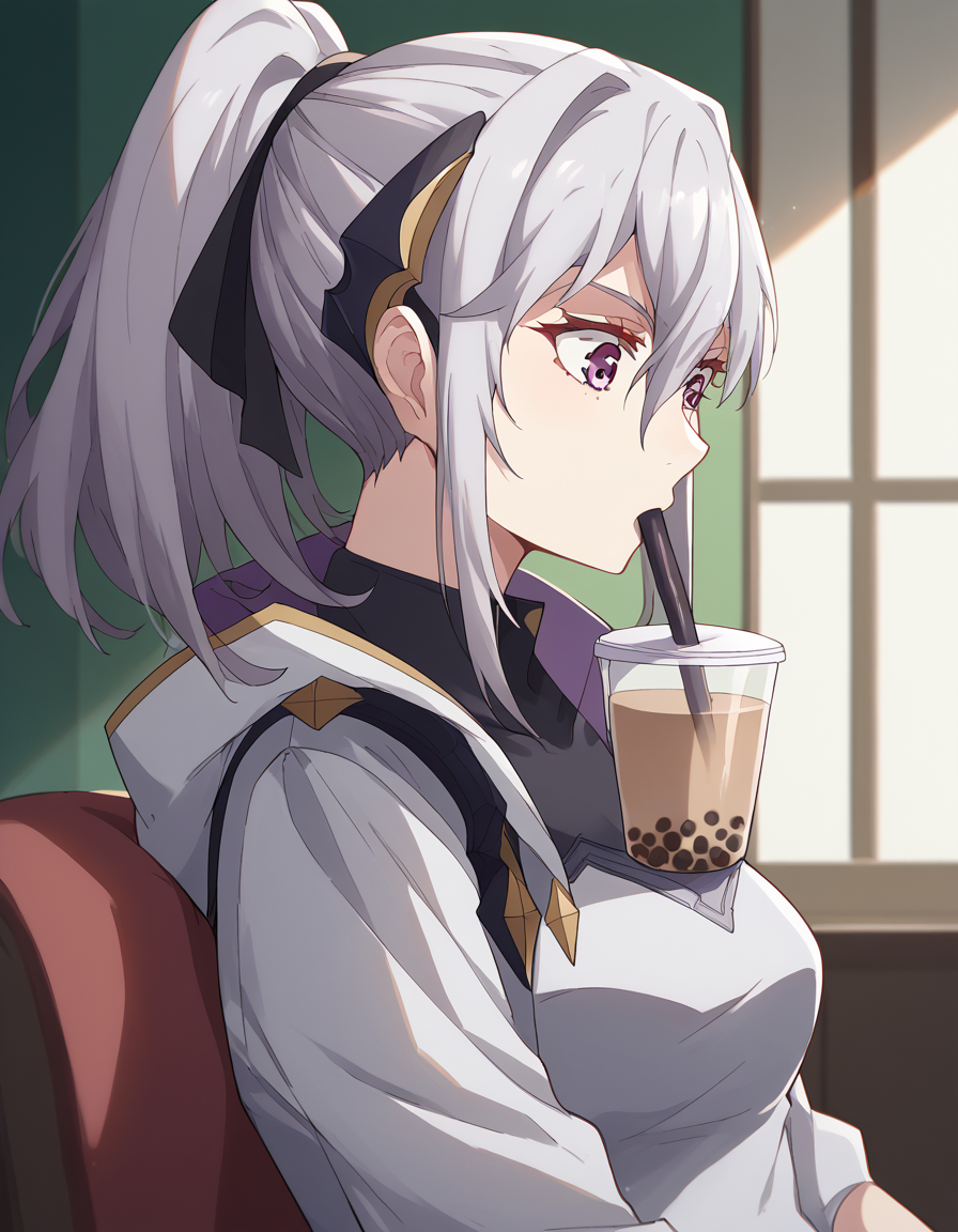 score_9, score_8_up, score_7_up, source_anime, <lora:jeanne-e-anise-s1-ponyxl-lora-nochekaiser:1>, jeanne e anise, bangs, purple eyes, ponytail, hair ribbon, black ribbon, hair between eyes, grey hair, medium breasts,, <lora:bubble-tea-challenge-ponyxl-lora-nochekaiser:1>, bubble tea challenge, bubble tea, object on breast, drinking straw, drinking straw in mouth, drinking, cup,, indoors, sitting, looking down, , cowboy shot, dutch angle
