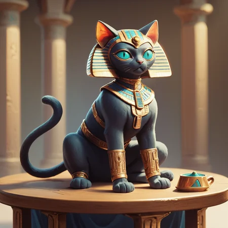 score_9, score_8_up, score_7_up, <lora:EgyptianWorldPony:1>, egyptianworld, ((cat)), black fur, sitting on table, tail, animal focus, no humans,