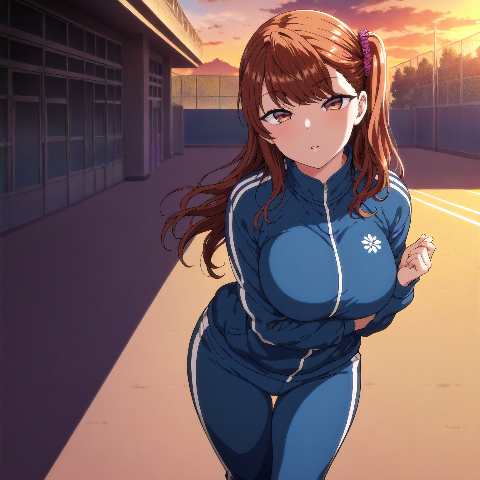 <lora:IFS_IzumiNogamiXLIllustrious001>,
masterpiece,best quality,good quality,newest,
school,outdoors,
parted lips,
looking at viewer,
solo,
IzumiNogami,1girl,brown hair,long hair,hair scrunchie,one -side -up,brown eyes,
breasts,
blue track jacket,
blue pants,