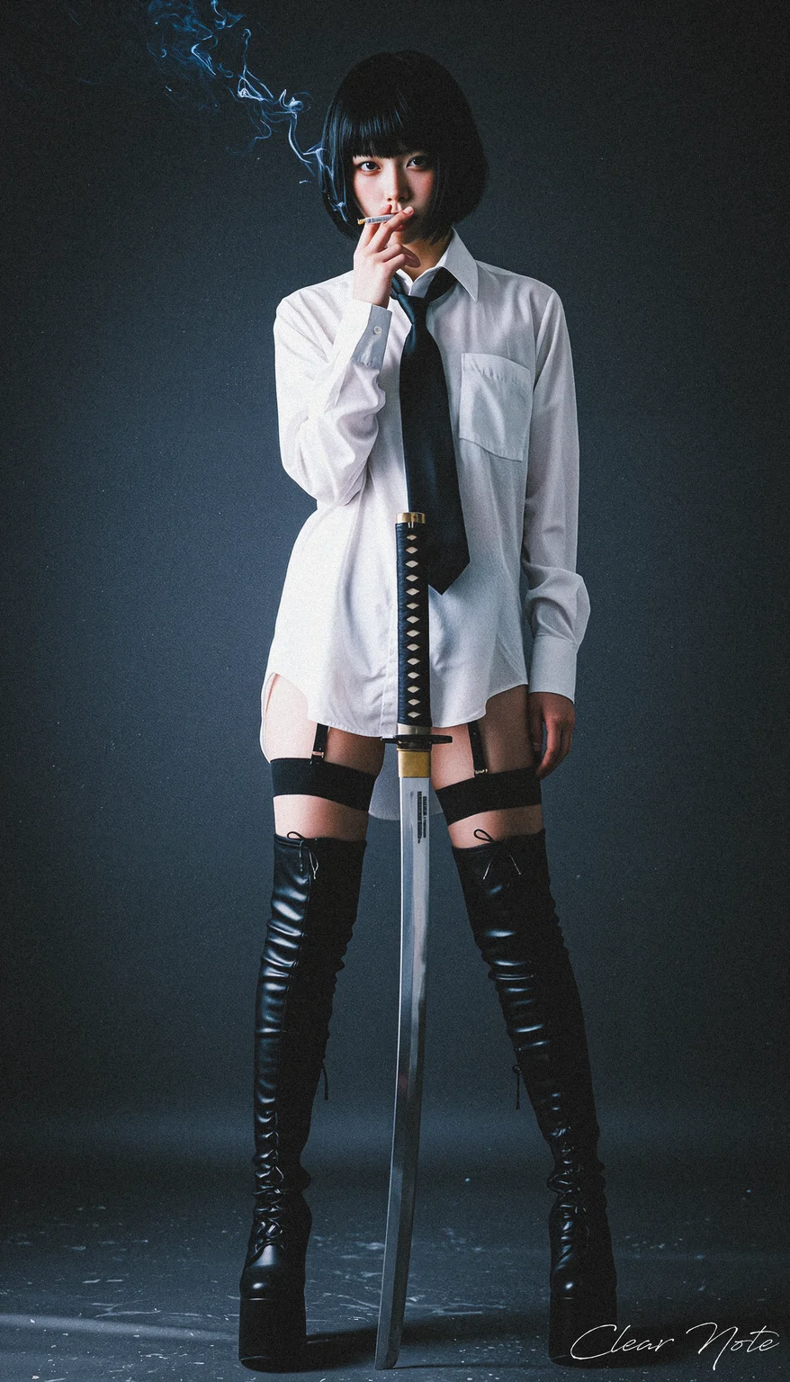 Japanese Culture Style, Neo Photorealistic Art, Emotional Photos, 35mm film, Young Japanese Woman, Black short hair, Platform thigh boots, white shirt, black tie, Stockings, Standing, A Japanese sword is stuck into the ground, smoking, simple background