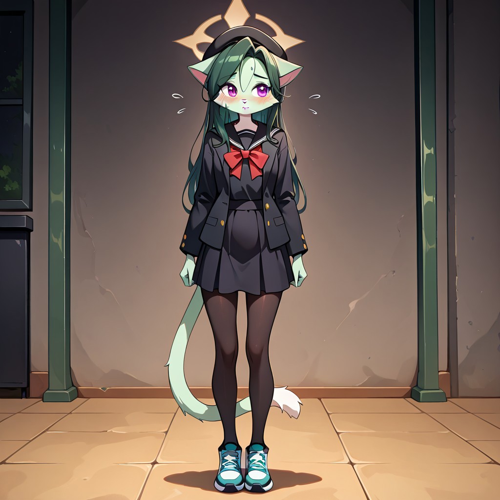 L1l1th_Ca1a4,1girl,solo,furry,furry female,cat girl,long hair,green hair,cat ears,purple eyes,snout,animal nose,body fur,two-tone fur,green fur,white fur,cat tail,
professor niyaniya, black hat, black jacket, black pantyhose, black sailor collar, black shirt, black skirt, blush, bow, bowtie, brown halo, halo, hat, jacket, multicolored shoes, pantyhose, red bow, red bowtie, sailor collar, shirt, skirt, sweat, park background