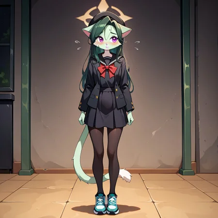 L1l1th_Ca1a4,1girl,solo,furry,furry female,cat girl,long hair,green hair,cat ears,purple eyes,snout,animal nose,body fur,two-tone fur,green fur,white fur,cat tail,
professor niyaniya, black hat, black jacket, black pantyhose, black sailor collar, black shirt, black skirt, blush, bow, bowtie, brown halo, halo, hat, jacket, multicolored shoes, pantyhose, red bow, red bowtie, sailor collar, shirt, skirt, sweat, park background