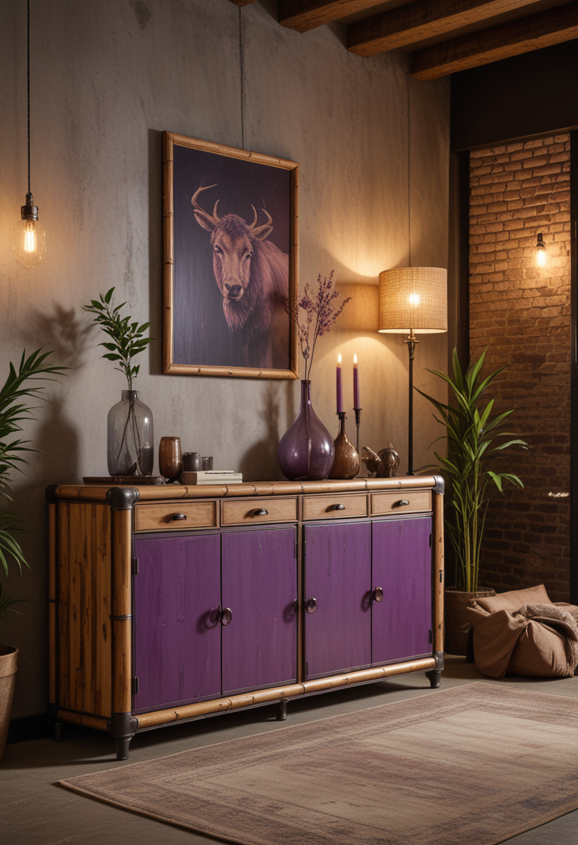 (medium full shot) of (elegant Sideboard) made of bamboo material, purple color, industrial style, reclining, glass doors, distressed finish, tufted upholstery, located in  a rustic loft, with wooden furniture, earthy tones, cozy atmosphere, warm lighting , Masterpiece,best quality, photo, realistic, very aesthetic,