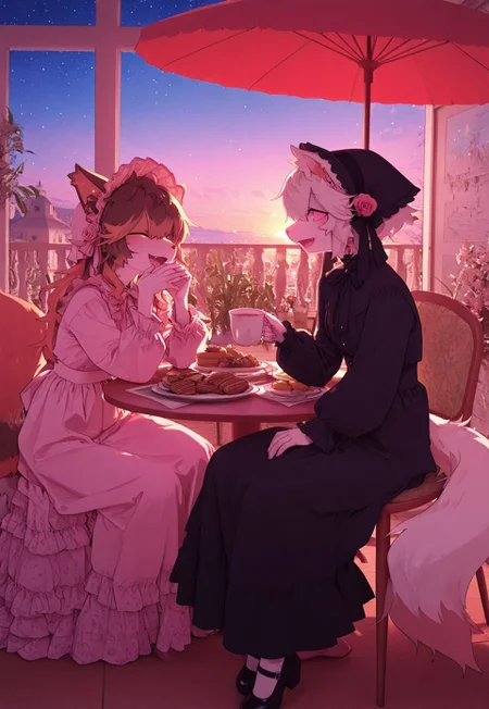 aakkuroyuki, masterpiece, best quality, very aesthetic, absurdres, highres, 2females, duo, monster girls, {{ferret girl:0.8}}, {{rose girl}}, {{rose petal hair}}, {{anthro hybrid}}, {{ferret ears:0.3}}, (snout), {{white fur}}, {{long fluffy tail}}, {{ferret girl}}, {{pink sclera}}, japanese-idol-outfit, coloful dresses, ruffles, hair accessories, bonne, rose dress, pink dress, natural, garden, manor, springtime, relaxed, calm, kuudere, fang, kind eyes, legs crossed, {{holding tea mug}}, curled tail, pastries, snack tray, side table, {{traditional maids}}, headdress, black dress, long skirt, mary janes, {{pouring tea for masters}}, {{serving aristocrats at garden party}}, {{pink make up}}, multiple girls, several girls, sitting around table, laughing, talking, {{master and servant}}, {{flower garden}}, tea party, twilight, starry sky, arboretum, table umbrella, chairs, {{background abstract roses}}, {{1600's fashion}}, period drama genre, pastel glowing, {{furries}}, soft pink glowneon, scenic view, cinematic lighting,close up, face focus, {{psychedelic realm:1.1}}, {{wonderland:0.6}}, soft colored pallete, meticulously detailed image 