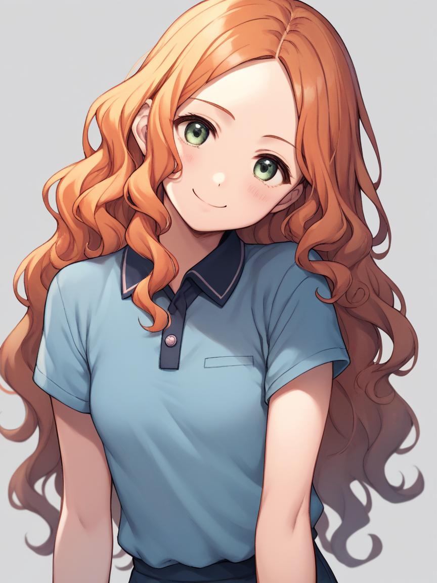score_9, score_8_up, score_7_up, score_6_up, score_5_up, score_4_up, source_anime, source_cartoon
1girl wearing a polo shirt, <lora:polo_shirt-PD-1.0:1> 
blonde, wavy hair, long hair,
ginger hair Twists,
simple background, upper body, slight smile, head tilt,
small breasts,
haru_(hiyori-kohal),