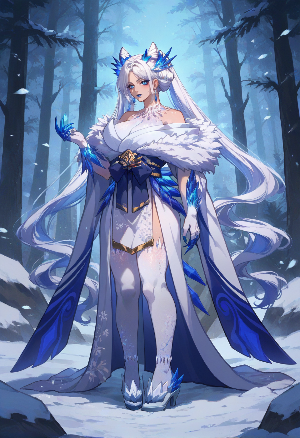 score_9, score_8_up, Shimonster, 
1girl, blue lips, solo, large breasts, very long hair, white hair, blue eyes, kimono, twintails, high heels, slit pupils, two tone skin, reptile girl, spines, full body, fur trim, earrings, double bun, bow, makeup, 
bare shoulders, claws, looking at viewer, cone hair bun, sash
Snow forest, snow,
 <lora:Shimo_-_Waifu_PDXL-000005:0.8>