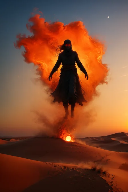 mysterious desert Djinn with glowing eyes in arabian clothing with fiery aura hovering his whole body in sky above a desert dune at sunset, background of dusky dunes, by Minjae Lee, Carne Griffiths, Emily Kell, Steve McCurry, Geoffroy Thoorens, Aaron Horkey, greg rutkowski, sss fire glow in eyes, Jordan Grimmer, amazing depth, intricately detailed, bokeh, perfect balanced, artistic photorealism , smooth, great masterwork by head of prompt engineering, plants, mystical, (full body view), <lora:add-detail-xl:2><lora:xl_more_art-full_v1:0.5> <lora:sss:1> <lora:Desolation:0.3> <lora:Glowing_eyes_portrait:0.6>