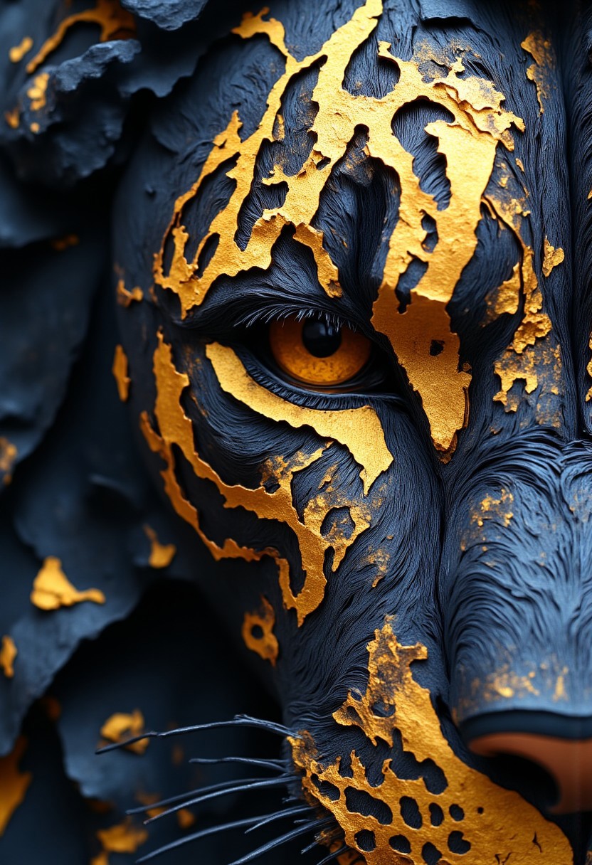 thick layered papercut art of 
In pastel hues and romantic artistry, this fantastical painting captures a fearsome black lion's left eye, bathed in a dark and inky contrast. Its piercing pure gold eyes and sharp teeth are visible in the background. The lion's dark fur, matted and messy around the eye due to the spray paint, contrasts dramatically with the metallic gold markings that adorn its face, particularly around and over the eye, resembling scales or armor. The spray paint gives the markings a wet, messy appearance. The photo is highly detailed and intricate.
deep 3D, volumetric, dimensional, depth, thick paper, high stack, heavy texture, tangible layers, 
beautiful, detailed, textural, artistic, vivid, vibrant,  aesthetic, intricate details, highly detailed, ultra-detailed, absurdres, 
aidmaMJ6.1, Papercut
