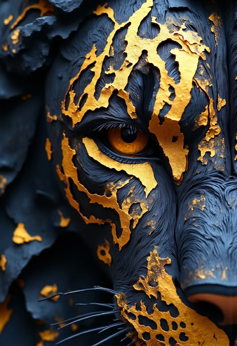 thick layered papercut art of 
In pastel hues and romantic artistry, this fantastical painting captures a fearsome black lion's left eye, bathed in a dark and inky contrast. Its piercing pure gold eyes and sharp teeth are visible in the background. The lion's dark fur, matted and messy around the eye due to the spray paint, contrasts dramatically with the metallic gold markings that adorn its face, particularly around and over the eye, resembling scales or armor. The spray paint gives the markings a wet, messy appearance. The photo is highly detailed and intricate.
deep 3D, volumetric, dimensional, depth, thick paper, high stack, heavy texture, tangible layers, 
beautiful, detailed, textural, artistic, vivid, vibrant,  aesthetic, intricate details, highly detailed, ultra-detailed, absurdres, 
aidmaMJ6.1, Papercut