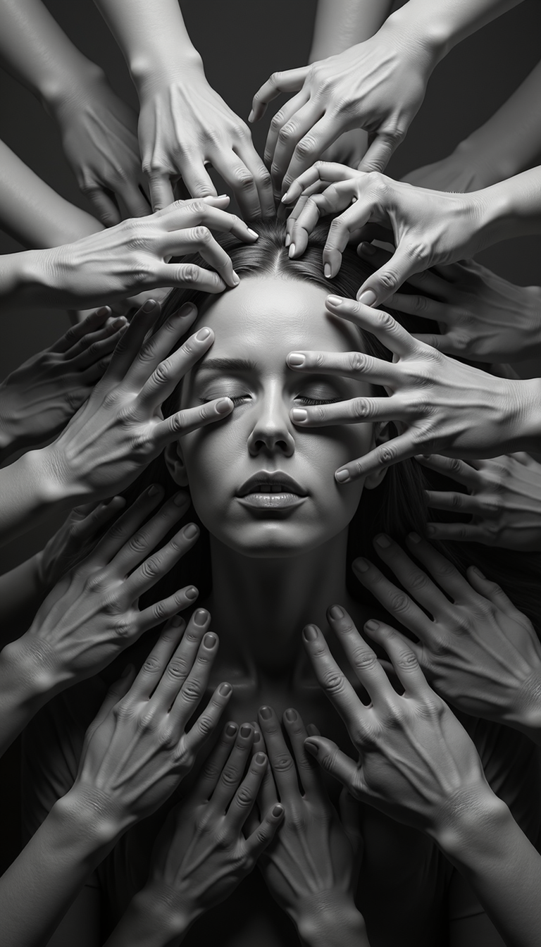 Detailed hand,Hand,Perfect hand, A medium shot depicting a multitude of disembodied hands, rendered in a stark, high-contrast monochromatic palette, converging upon a central figure. The figure, seemingly androgynous with its features devoid of detail, exudes an air of serene resignation as its face is obscured and manipulated by the encroaching hands. The composition evokes a sense of claustrophobia and powerlessness, the hands acting as instruments of manipulation and control. The absence of background details further amplifies the focus on the central interaction, emphasizing the vulnerability of the individual amidst an overwhelming external force.  The image lacks a distinct light source, further contributing to the unsettling and ethereal atmosphere.
