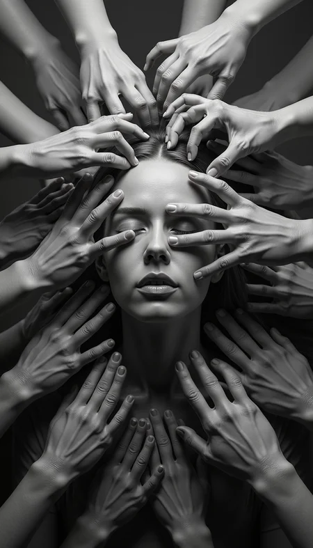 Detailed hand,Hand,Perfect hand, A medium shot depicting a multitude of disembodied hands, rendered in a stark, high-contrast monochromatic palette, converging upon a central figure. The figure, seemingly androgynous with its features devoid of detail, exudes an air of serene resignation as its face is obscured and manipulated by the encroaching hands. The composition evokes a sense of claustrophobia and powerlessness, the hands acting as instruments of manipulation and control. The absence of background details further amplifies the focus on the central interaction, emphasizing the vulnerability of the individual amidst an overwhelming external force. The image lacks a distinct light source, further contributing to the unsettling and ethereal atmosphere.