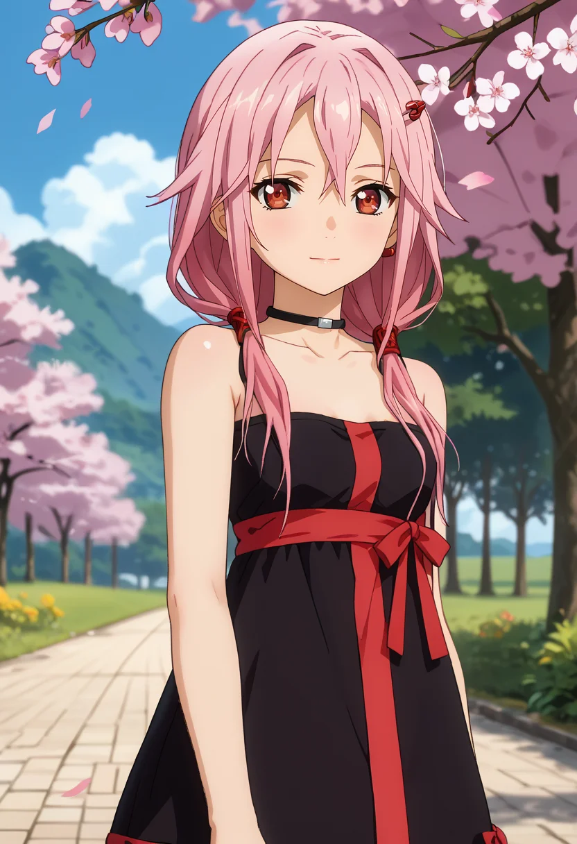 score_7_up, anime screencap,
<lora:GuiltyCrown_YuzurihaInoriXL:0.9>,
1girl, closed mouth, light smile,
long hair, pink hair, low twintails, hair between eyes, red eyes, hair ornament, hairclip,
InoriDress, bare shoulders, black dress, black choker, underbust, red ribbon,
standing, looking at viewer, thigh gap,
blurry background,outdoors, blue sky, cherry blossoms