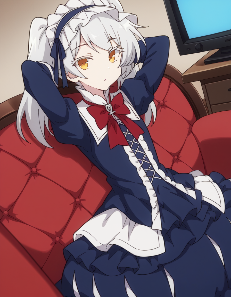 score_9, score_8_up, score_7_up, source_anime, <lora:isekaismartphone-leen-s2-ponyxl-lora-nochekaiser:1>, leen, ribbon, twintails, yellow eyes, white hair,, dress, blue dress, long sleeves, frilled dress, red bowtie, puffy sleeves, frilled skirt, skirt, blue skirt, headdress, frille headdress,, living room, television, couch, popcorn, watching movie, night time, sitting,, , hands behind head,, looking at viewer, solo,, dutch angle, cowboy shot