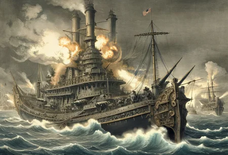 concept-art, engraving of steampunk pre-dreadnough battleship firing a broadside, bay of Tokio, 1863 by Gustave Dore and hokusai undertones