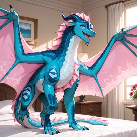 1girl, highres, absurdres, newest, masterpiece, best quality, furry, furry_female, Seawing_wof, aquatic scales, chin tendrils, dragon, scales, wings, horns, tail, head frill, claws, chest frill, webbed claws, webbed feet, Anemone_wof, blue horns, cyan scales, pink wings, blue eyes, pink frill, straight horns, white underbelly, wing pattern, spread wings, (feral, quadruped:1.1), detailed eyes, standing, open_mouth, open mouth smile, luxurious detailed room, bright room, day scene, professional lighting, white bed, solo, bedroom, smiling, seductive, looking_at_viewer, masterpiece, close up, safe
